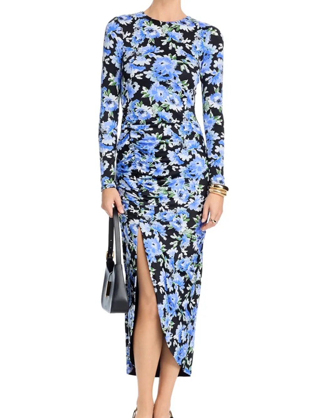 Aqua Floral Long-Sleeve Midi Dress with Front Slit - Blue Floral